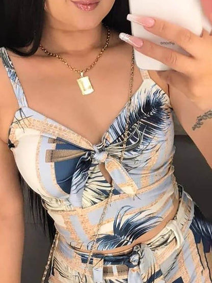 Knotted Tropical Print Top & Shorts Set With Belt - LuckyFash™