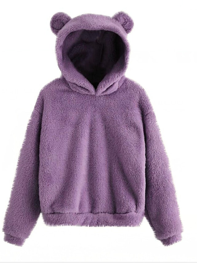 women's fleece fuzzy bear ear hooded sweatshirts hoodie long sleeve casual pullover tops multicolor - LuckyFash™