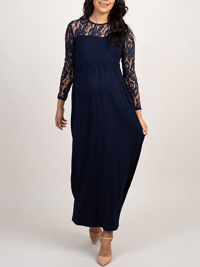 Womenâ€˜s Baby Shower Dress Casual Dress Lace Dress Sheath Dress Solid Color Maxi Long Sleeve Lace Patchwork Crew Neck Black White Pink Spring S M L XL XXL - LuckyFash™
