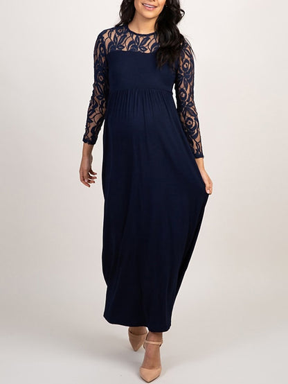 Womenâ€˜s Baby Shower Dress Casual Dress Lace Dress Sheath Dress Solid Color Maxi Long Sleeve Lace Patchwork Crew Neck Black White Pink Spring S M L XL XXL - LuckyFash™