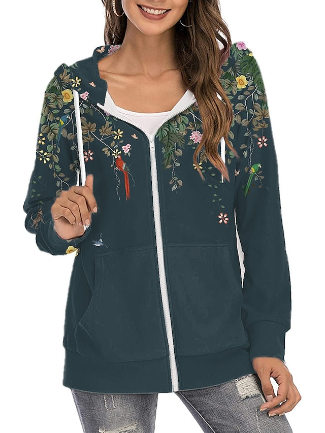 Women's Hoodie Zip Hoodie Sweatshirt Pullover Active Streetwear Zipper Print Green Brown Light Green Floral Graphic Prints Daily Hooded Long Sleeve S M L XL XXL / 3D Print - LuckyFash™