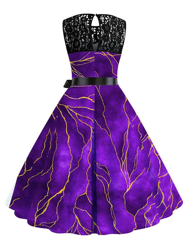 Women's Elegant Retro Lace Dress Midi Dress Outdoor Office Lace Patchwork Butterfly Crew Neck Sleeveless Regular Fit Summer Spring 2023 Navy Blue Blue S M L XL - LuckyFash™