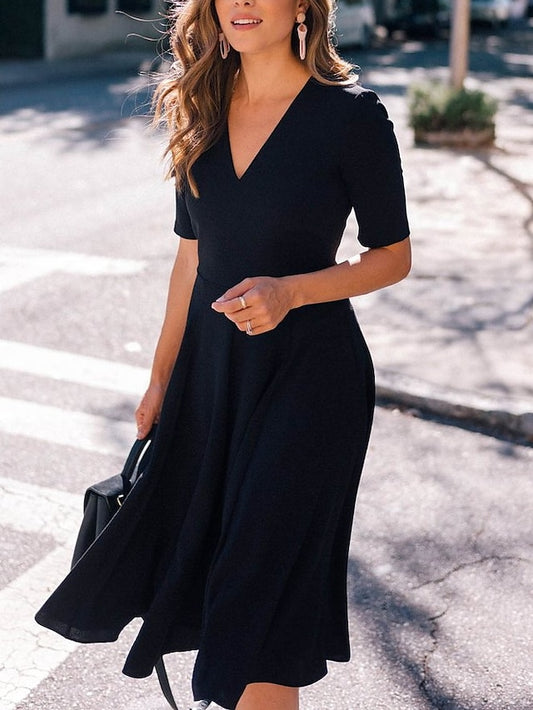 Women's Formal Dress Midi Dress Black Short Sleeve Pure Color Ruched Spring Summer V Neck Stylish 2023 S M L XL XXL 3XL - LuckyFash™
