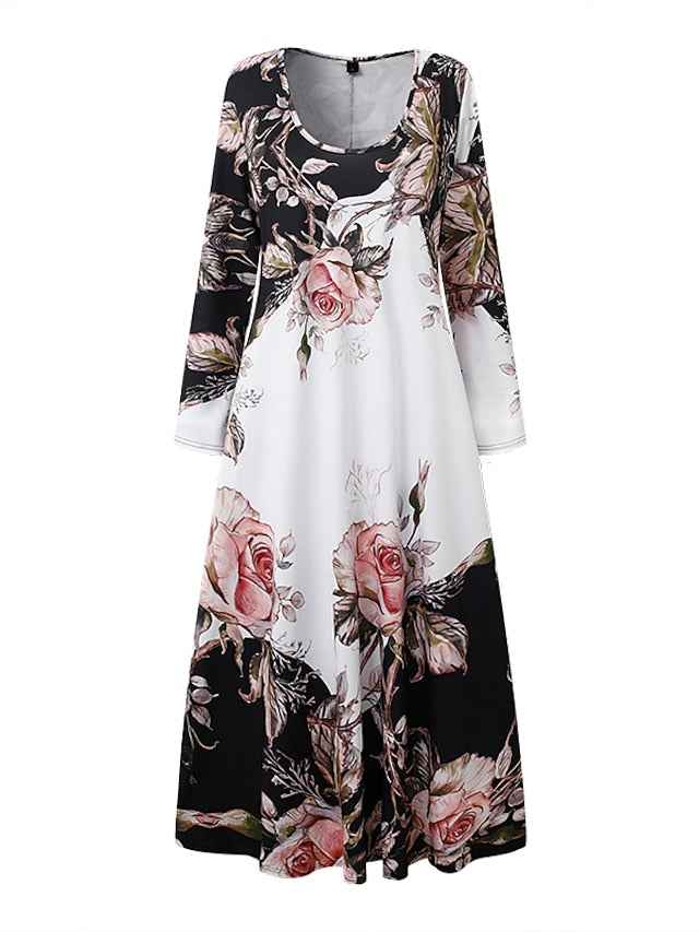 Women's Floral Crew Neck Long Dress Maxi Dress Casual Dress Print Dress Casual Outdoor Daily Weekend Print Long Sleeve Dress Regular Fit White Fall Spring S M L XL XXL - LuckyFash™