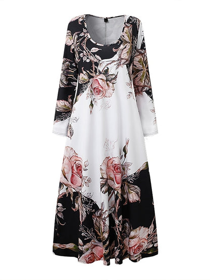 Women's Floral Crew Neck Long Dress Maxi Dress Casual Dress Print Dress Casual Outdoor Daily Weekend Print Long Sleeve Dress Regular Fit White Fall Spring S M L XL XXL - LuckyFash™