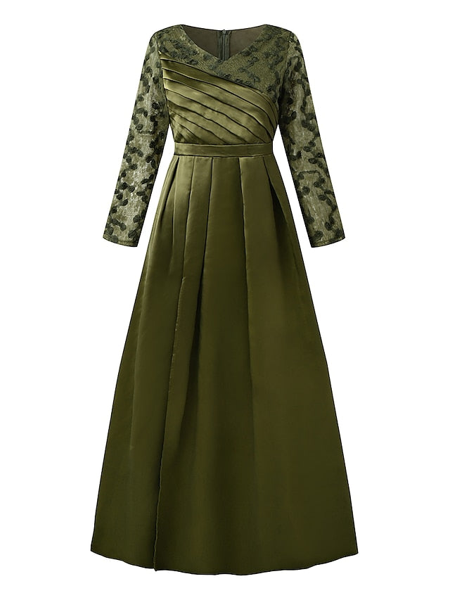 Womenâ€˜s Formal Party Dress Swing Dress A Line Dress Long Dress Maxi Dress Black Green Long Sleeve Pure Color Patchwork Winter Fall Spring V Neck Fashion Winter Dress Evening Party 2023 S M L XL 2XL - LuckyFash™