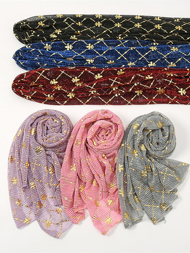 Long Style Plaid Scarf Women Shimmer Hijab Gold Shiny Shawl Glitter Headband Female Muslim Hijab - LuckyFash™