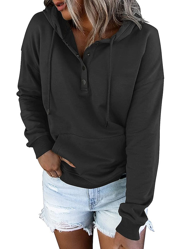 Hoodie Button Pocket Solid Colored Basic Hooded Standard Winter Wine Red Green Black Blue Pink for Women - LuckyFash™