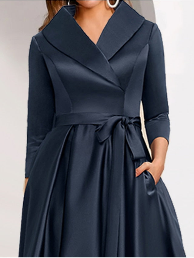 Womenâ€˜s Formal Party Dress Wedding Guest Dress Swing Dress Maxi Dress Navy Blue Long Sleeve Pure Color With Belt Winter Spring Shirt Collar Modern Winter Dress Fall Dress 2023 S M L XL 2XL 3XL - LuckyFash™