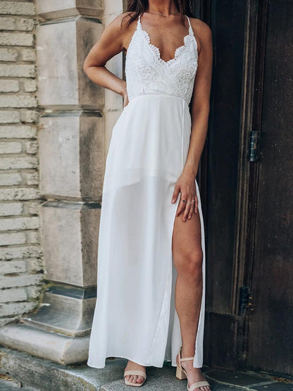 Lace Deep V-Neck Sleeveless Suspender Dress - LuckyFash™