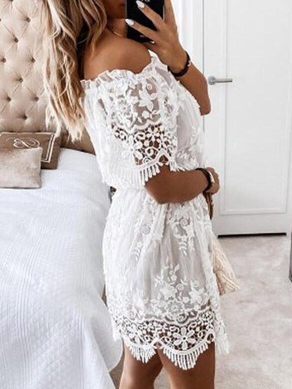 Lace One Shoulder Short Sleeve Mini Dress - LuckyFash™