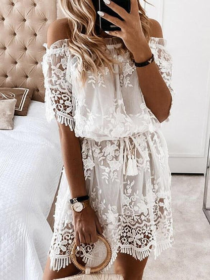 Lace One Shoulder Short Sleeve Mini Dress - LuckyFash™