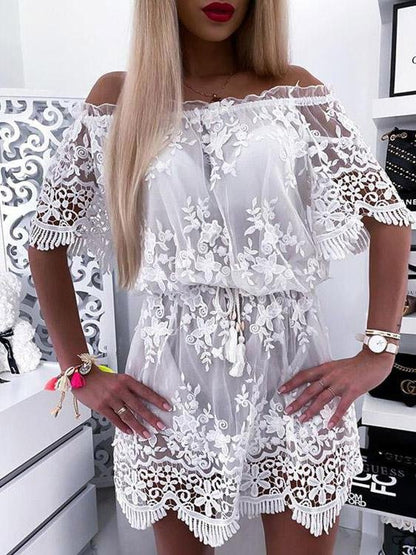 Lace One Shoulder Short Sleeve Mini Dress - LuckyFash™