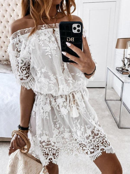 Lace One Shoulder Short Sleeve Mini Dress - LuckyFash™