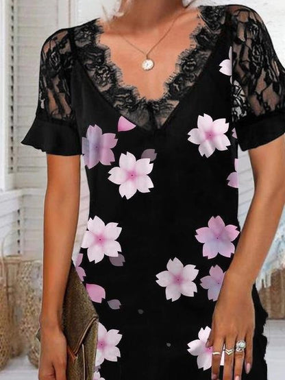 Lace Short-sleeved Fashion Print Dress - LuckyFash™