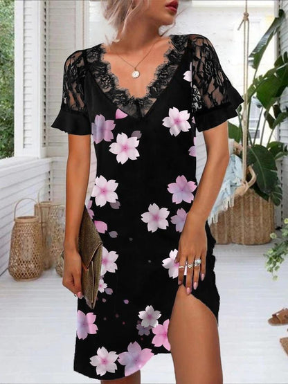 Lace Short-sleeved Fashion Print Dress - LuckyFash™