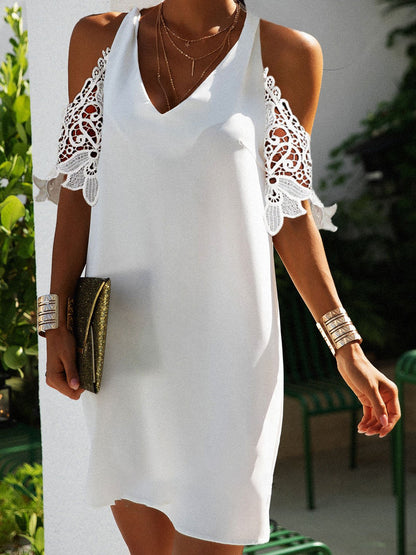 Lace Solid V-neck 3/4 Sleeve Fashion Dress - LuckyFash™