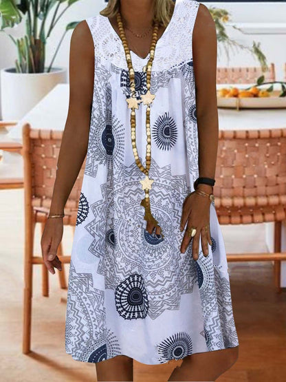 Lace Stitching Printed Sleeveless Dress - LuckyFash™