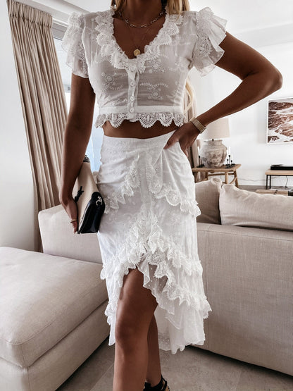 Lace Stitching Short Sleeve & Half Skirt Two-Piece Set - LuckyFash™