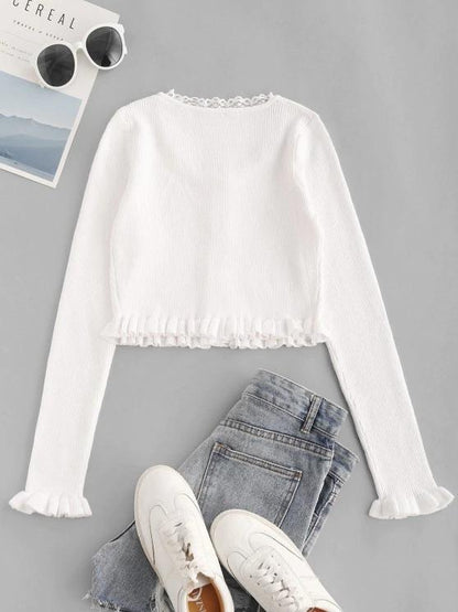 Lace Trim Frilled Ribbed Slim Knitwear - LuckyFash™