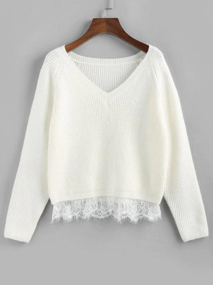 Lace Trim Raglan Sleeve Sweater - LuckyFash™