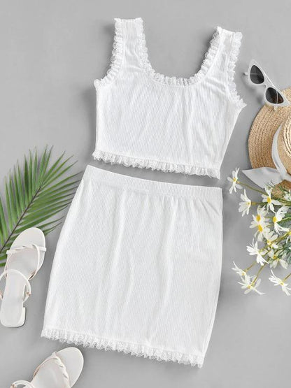 Lace Trim Ribbed Two Piece Mini Dress - LuckyFash™