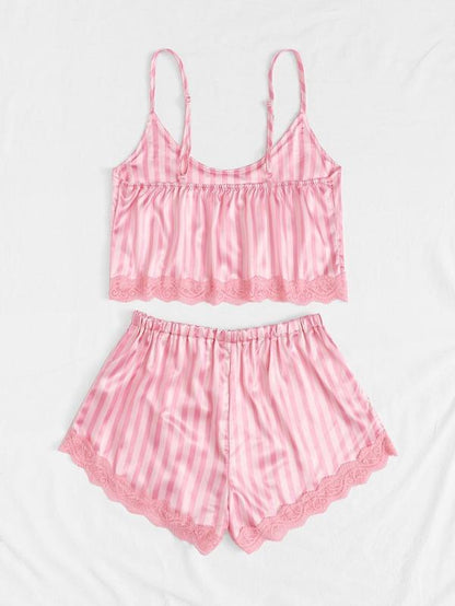 Lace Trim Satin Cami With Shorts - LuckyFash™