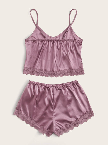 Lace Trim Satin Cami With Shorts - LuckyFash™