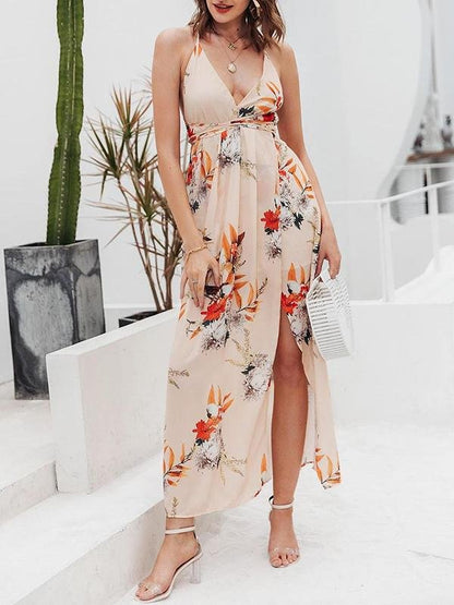 Lace Up Backless Pleated Wrap Hem Floral Dress - LuckyFash™