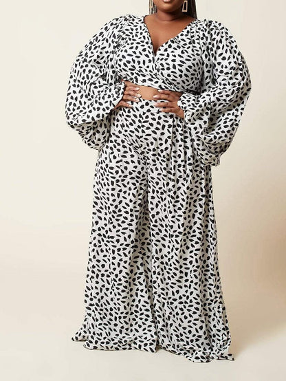 Lace-up Cardigan & Loose Wide-leg Pants Leopard Print Suit - LuckyFash™