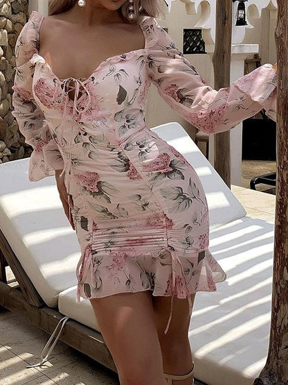 Lace Up Drawstring Knot Ruffle Hem Floral Dress - LuckyFash™
