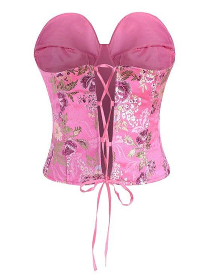 Lace Up Floral Jacquard Oriental Corset Top - LuckyFash™