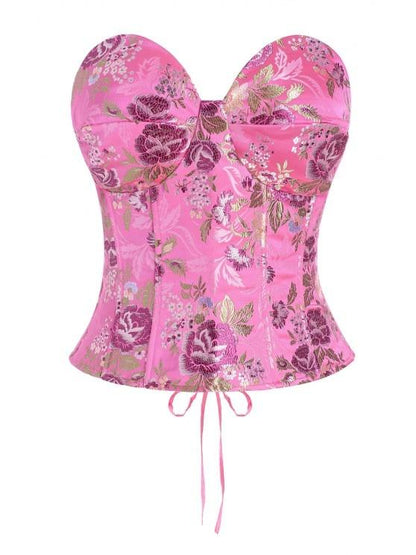 Lace Up Floral Jacquard Oriental Corset Top - LuckyFash™