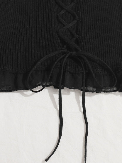 Lace Up Knot Mesh Frill Trim Rib-knit Top - LuckyFash™