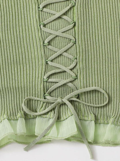 Lace Up Knot Mesh Frill Trim Rib-knit Top - LuckyFash™