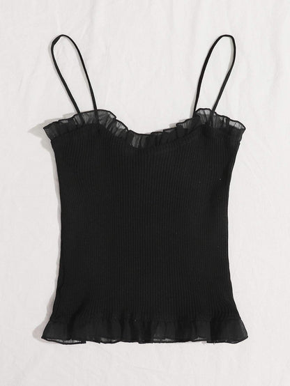 Lace Up Knot Mesh Frill Trim Rib-knit Top - LuckyFash™