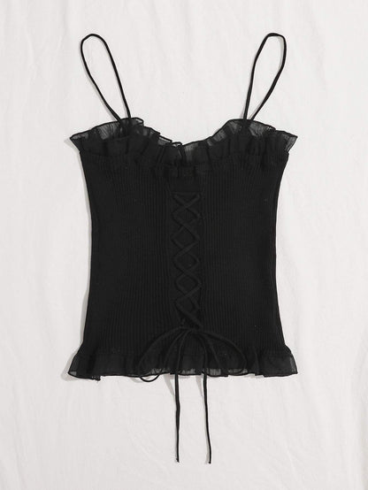 Lace Up Knot Mesh Frill Trim Rib-knit Top - LuckyFash™