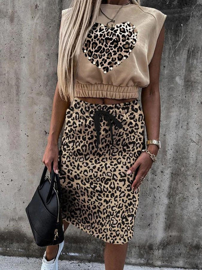 Lace-up Leopard Print Sleeveless Top & Drawstring Skirt Set - LuckyFash™