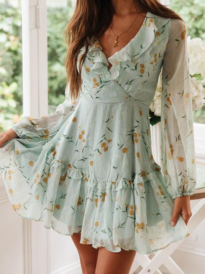Lace-up Ruffled Printed Long-sleeved Dress - LuckyFash™