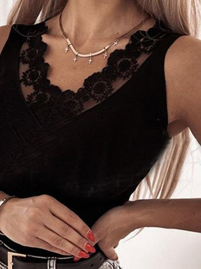 Lace V-neck Sleeveless Casual Tanks Tops - LuckyFash™