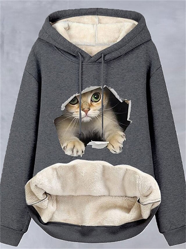 Women's Hoodie Sweatshirt Pullover Sherpa Fleece Teddy Black Khaki Dark Gray Cat Street Hoodie Long Sleeve Fleece - LuckyFash™