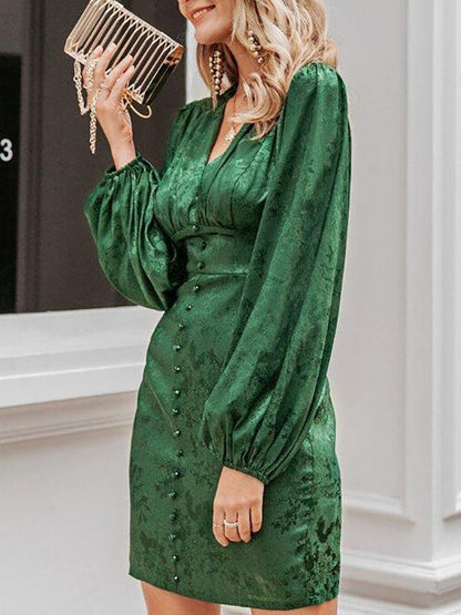 Lantern Sleeve Button Front Jacquard Satin Dress - LuckyFash™