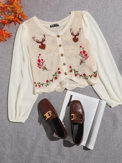 Lantern Sleeve Embroidered Flower Blouse - LuckyFash™