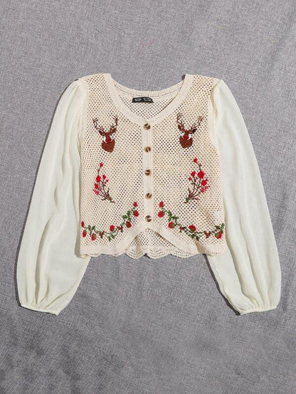 Lantern Sleeve Embroidered Flower Blouse - LuckyFash™