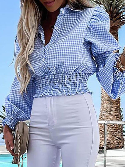 Lantern Sleeve Shirring Detail Plaid Shirt - LuckyFash™