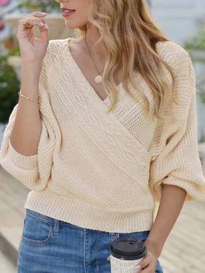 Lantern Sleeve Surplice Cable Knit Sweater - LuckyFash™