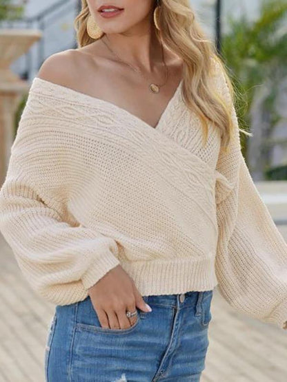 Lantern Sleeve Surplice Cable Knit Sweater - LuckyFash™
