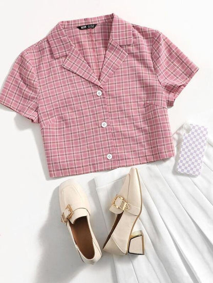 Lapel Collar Button Placket Plaid Blouse - LuckyFash™