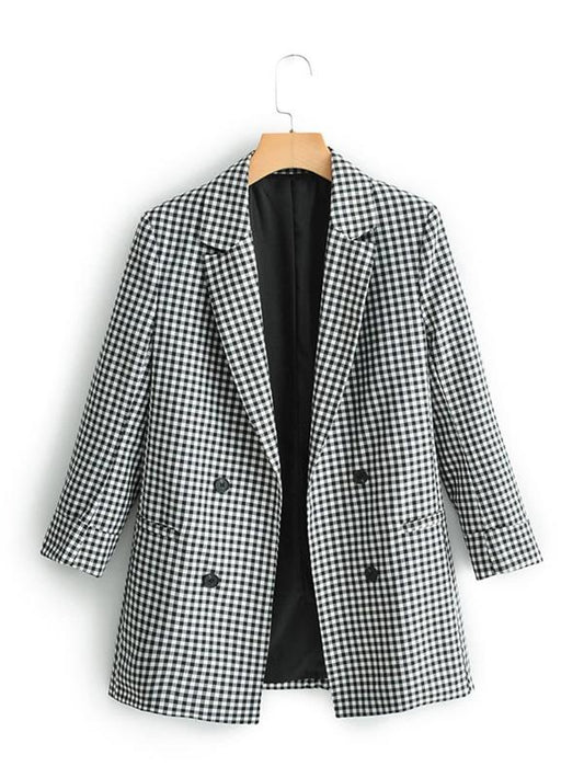 Lapel Collar Double Breasted Gingham Blazer - LuckyFash™
