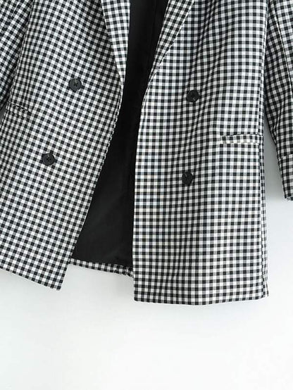 Lapel Collar Double Breasted Gingham Blazer - LuckyFash™